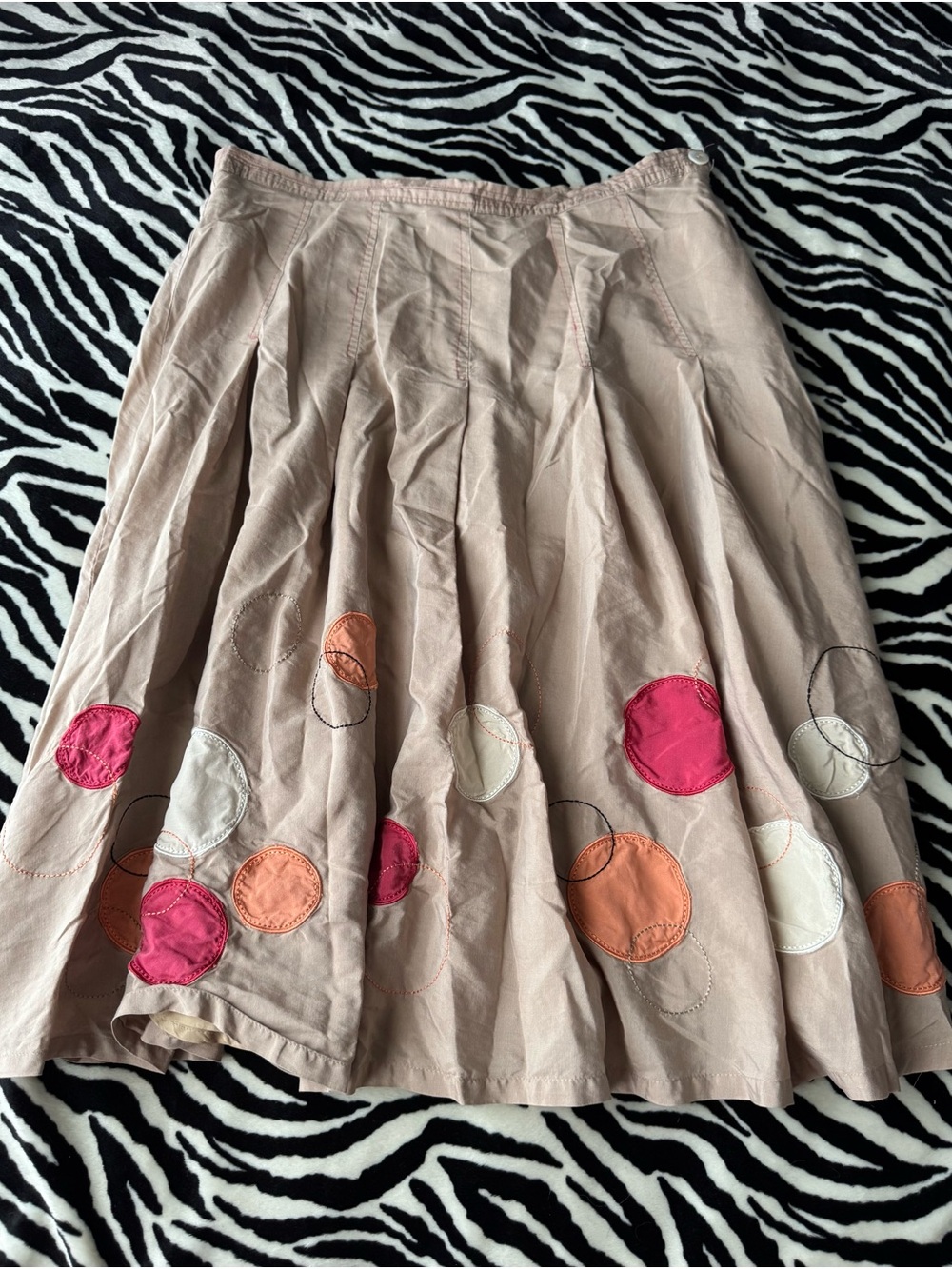 American Vintage Beige Skater Skirt with Pink, Orange & Cream Circle Appliqués